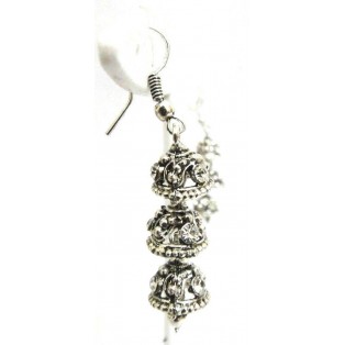 Silver Oxidized Earrings Jhumka Hook Dangle Drop Long Chandelier Triple Decker